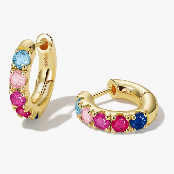 NEW 14k Gold Plated Cubic Zirconia Colorful Gemstone Hoop Earrings - Picture 1 of 3